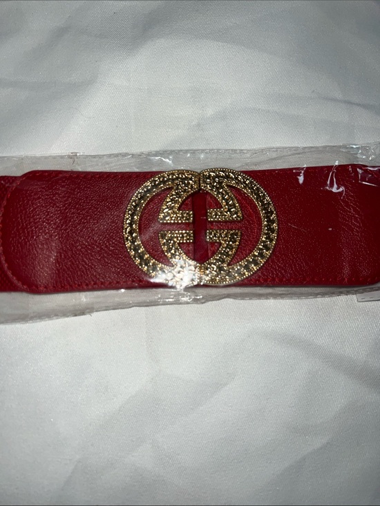 None Accessories - Wide Red Belt with Decorative Gold Double-Ring Buckle